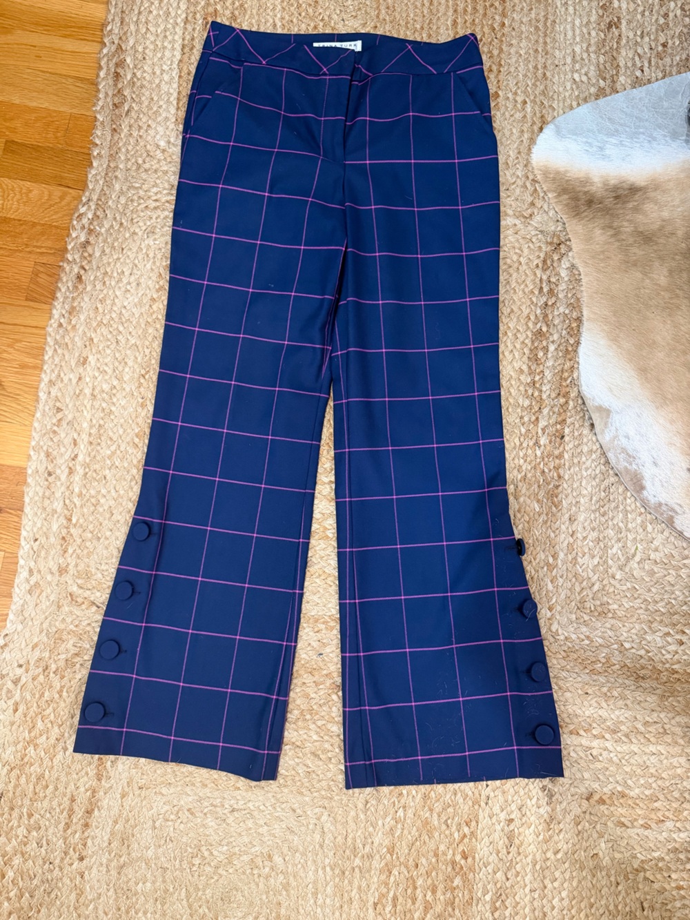 Trina Turk Women’s Navy Windowpane Cropped Pants with Button Detail-see top too!